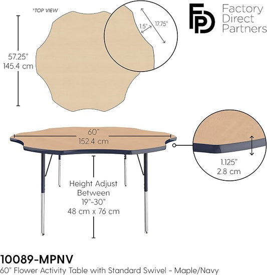 FDP Flower Activity School and Office Table (60 inch), Standard Legs with Swivel Glides for Collaborative Seating Environments, Adjustable Height 19-30 inches - Maple Top and Navy Edge
