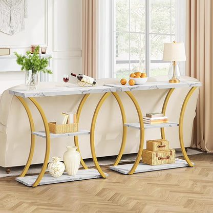 Hoctieon 3 Tier Console Table with Open Wood Shelves, Decorative Entryway Table with Curved Metal Frames, Narrow Sofa Table for Entrance, Living Room, Hallway, Gold and White Marbled