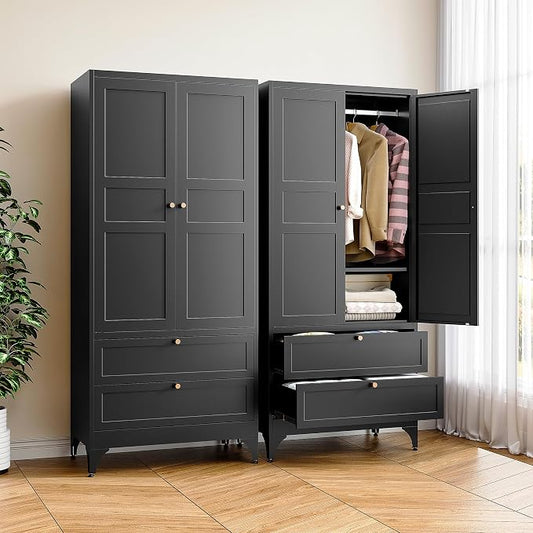 BYNSOE Metal Armoire Wardrobe Closet with 2 Drawers 71'' Wardrobe Cabinet with Drawers and Hanging Rail Metal Closet with Adjustable Shelves for Bedroom. (Black, with 2 Drawers)