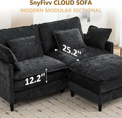 75.3" Chenille Modular Sectional Sofa, Convertible L Shaped Modular Sofa Comfy Cloud Couch with Ottoman, Side Pockets and 4 Throw Pillows for Living Room, Black, 3 Seats