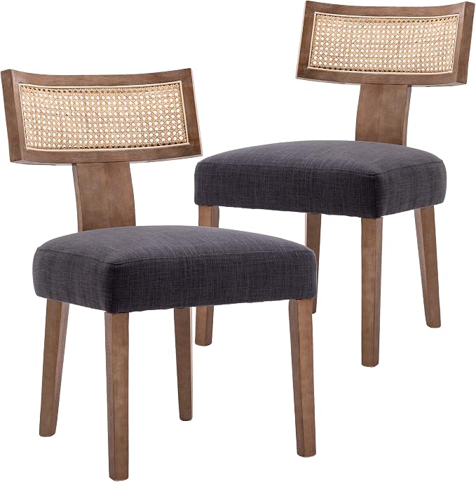 RIVOVA Rattan Dining Chairs Set of 2, Modern Fabric Upholstered Kitchen Chairs, Wooden Dining Room Chair Farmhouse Dinner Chair, Charcoal