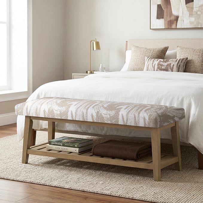 Entryway Bench with Cushion, Upholstered Shoe Rack Bench with Solid Wood Shelf, 44" End of Bed Bench for Bedroom, Chenille Fabric Storage Bench for Entryway, Hallway, Living Room (Textured Beige)