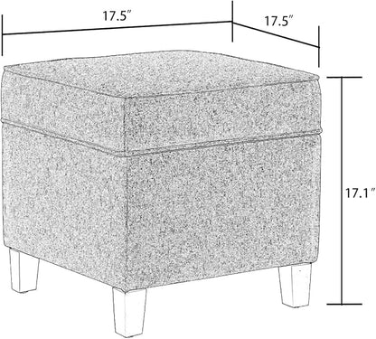 Adeco 17 Inch Square Linen Storage Ottoman for Living Room & Bedroom, Small Upholstered Footrest Stool with Hinged Lid and Wood Legs, Modern Accent Furniture, Light Gray