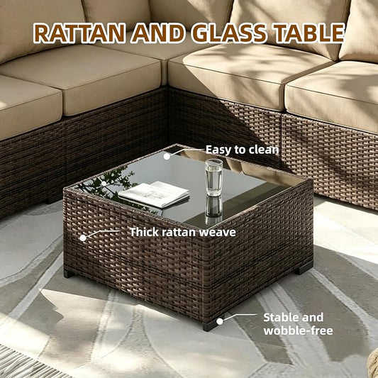 MOCHITO 7 Pieces Outdoor Patio Furniture Sets, All-Weather Sectional Sofa Dark Brown PE Rattan Wicker Conversation Set with Glass Table and Washable Khaki Cushions for Backyard,Sunroom,Garden