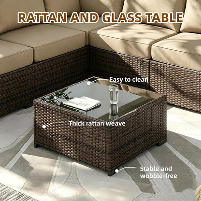 MOCHITO 5 Pieces Outdoor Patio Furniture Sets, All-Weather Sectional Sofa Dark Brown PE Rattan Wicker Conversation Set with Glass Table and Washable Khaki Cushions for Backyard,Sunroom,Garden,Porch