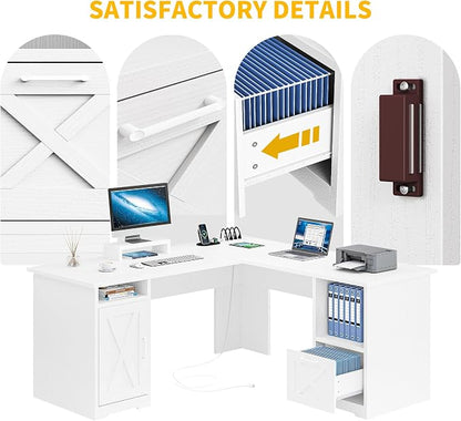 DWVO L Shaped Desk with File Drawer, 60" Corner Computer Desk with Power Outlets, Home Office Desk with Monitor Stand & Storage Shelves & File Cabinet, White
