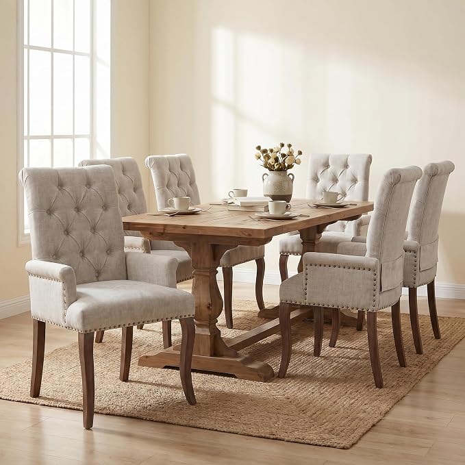 Upholstered Dining Chairs with Arms Set of 6, Greyish Beige, 6 Pack | Tufted Chenille Kitchen Chairs with Arms, Modern Farmhouse Armchair with Nailhead Trim for Dining Room, Home Office