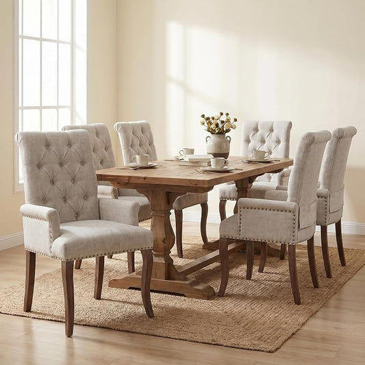 Upholstered Dining Chairs with Arms Set of 6, Greyish Beige, 6 Pack | Tufted Chenille Kitchen Chairs with Arms, Modern Farmhouse Armchair with Nailhead Trim for Dining Room, Home Office