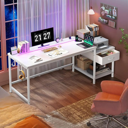 DurayLoly 56 Inch White Computer Desk with Printer Shelf, Power Outlet & LED Lights, Reversible Office Desk with Drawers & Hooks for Headphone, Bags for Bedroom,Dorm,Teens Study Room,White