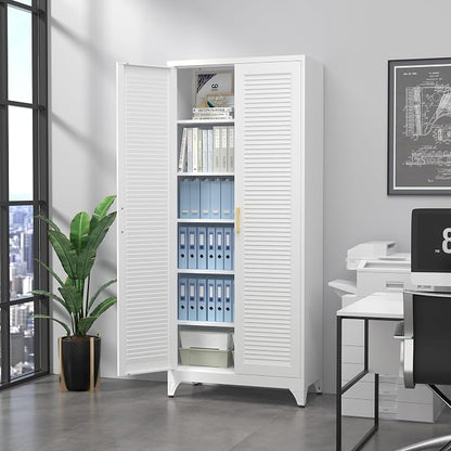 SteeLoong Kitchen Pantry Cabinet,75" Metal Storage Cabinet with Doors and 5 Adjustable Shelves,White Tall Locker Organizer Steel Garage Cabinets for Tool,File Cabinet for Office,Kitchen,Garage,School