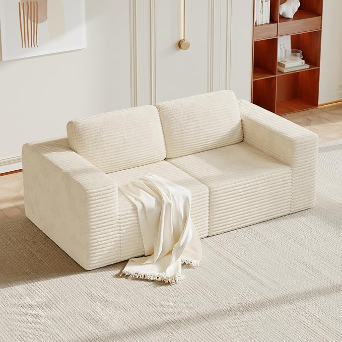 Vesgantti 80" Modular Sectional Sofa, Corduroy Cloud Couch with Deep Seating & Spring Support, 2 Seater Compact Modular Couch, Boneless Sectional Sofa for Small Spaces, No Assembly Required, Beige