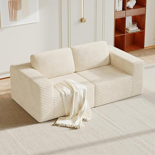 Vesgantti 80" Modular Sectional Sofa, Corduroy Cloud Couch with Deep Seating & Spring Support, 2 Seater Compact Modular Couch, Boneless Sectional Sofa for Small Spaces, No Assembly Required, Beige