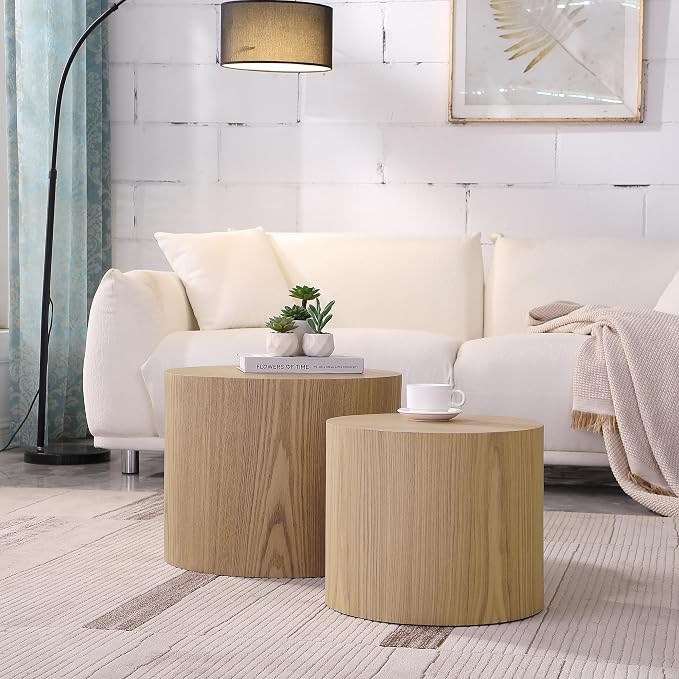Nesting Coffee Table Set of 2, Wood Round Coffee Table, Modern Coffee Table for Small Space Living Room, Wood Color