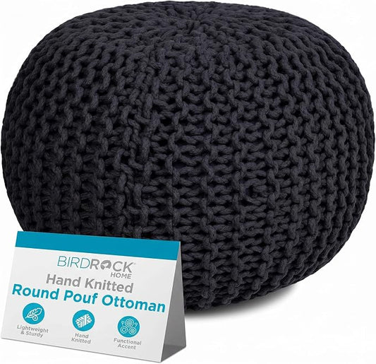 BIRDROCK HOME Round Pouf Ottoman Foot Rest - 18.5”x18.5”x15” Boho Compact Comfortable Soft Cotton Braided Foot Stool with Bean Bag Filling for Living Room, Bedroom, or Nursery (Charcoal Gray)