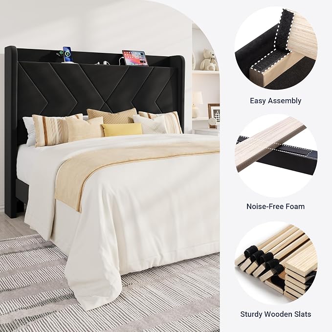 Allewie Queen Size Platform Bed Frame with Charging Station and Storage Shelf/Upholstered Velvet Wingback Headboard/Wooden Slats Support/No Box Spring Needed/Easy Assembly, Black