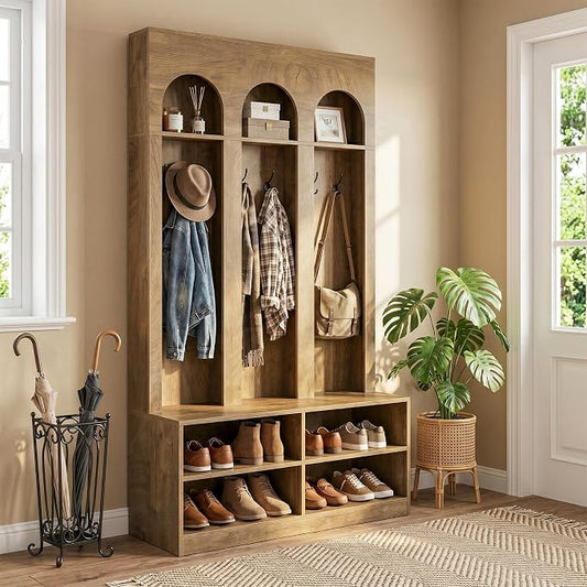 LITTLE TREE Hall Tree, 70" Entryway Bench with Coat Rack and Shoe Storage | 6 Double Hooks, Mudroom Bench with Storage and Hooks, Entryway Storage Furniture, Farmhouse Hall Tree, Hallway Tree, Brown