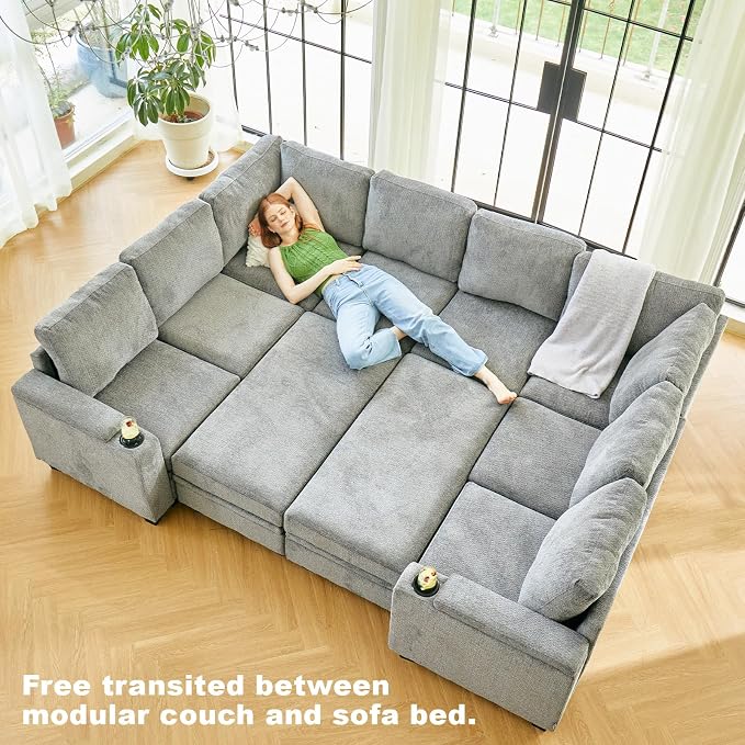 Belffin Oversized U Shaped Modular Sectional Couches for Living Room 10 Seater Modular Sofa Set with Storage Ottoman Large Sectional Couch with Cup Holder. Light Grey Sofa