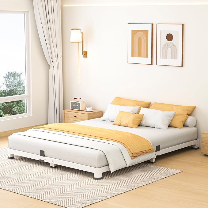4 Inch Queen Bed Frame, Metal Platform Bed Frame with Round Corner Legs, 3500 lbs Heavy Duty Steel Slats Support, No Box Spring Needed, Noise Free, Easy Assembly, White