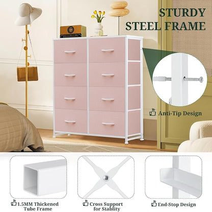8-Drawer Dresser for Bedroom, Anti-Tip Tall Storage Organizer Chest of Drawers with Wooden Top and Metal Frame Fabric Bins for Closet, Living Room, Hallway, Entryway, Pink