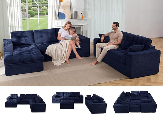 MAXYOYO Modular Sectional Sofa with Loveseat and Ottoman, Flexible Combination Cloud Boneless Couch with Layered Cushion for Living Room, No Assembly Required, Navy