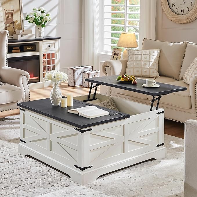 JXQTLINGMU Farmhouse Lift Top Coffee Table with Large Storage, 36" Square Wood Living Room Table with Hidden Compartment, Lift Tabletop Dining Table for Home, White
