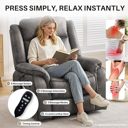 Massage Recliner Chair with Heat, Faux Leather Recliner Chairs for Adults, 39" Wide Manual Reclining Ergonomic Lounge Chair, Overstuffed Wall Hugger Recliners for Living Room, Grey