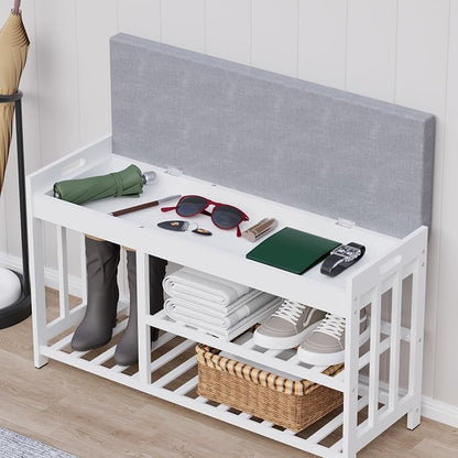 APRTAT 3-Tier Bamboo Shoe Rack Bench, Shoe Storage Organizer Bench, Entryway Benchs, Shoes Rack for Front Door Entrance, Entryway Bathroom Bedroom (White, Large)