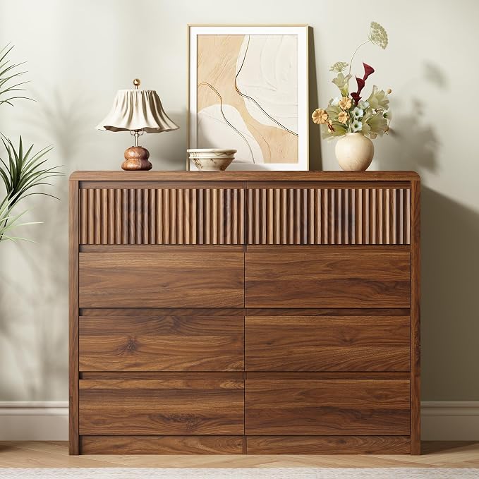 LYNSOM Walnut Fluted 8 Drawer Dresser, 50" Wide Wooden Chest of Drawers for Bedroom, Curved Profile Design, Mid Century Modern Dresser Storage Organizer Closet for Living Room, Hallway, Entryway
