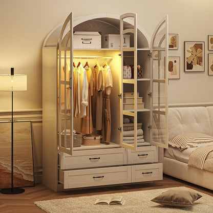 Squireewo 78" Arched Armoire Wardrobe Closet with Motion Sensor LED Light, 3 Windowpane Glass Doors & 4 Drawers, Large Wood Bedroom Storage Cabinet, Clothing Organizer with Hanging Rod, White