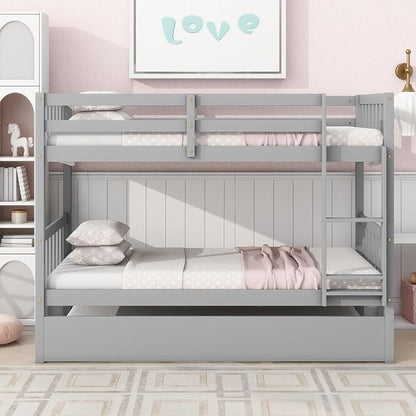 Merax Twin-Over-Twin Bunk Bed with Movable Trundle, Solid Wood Detachable Bunk Bed with Safety Guardrial and Ladder, Can be Converted Into 3 Separate Beds,Grey