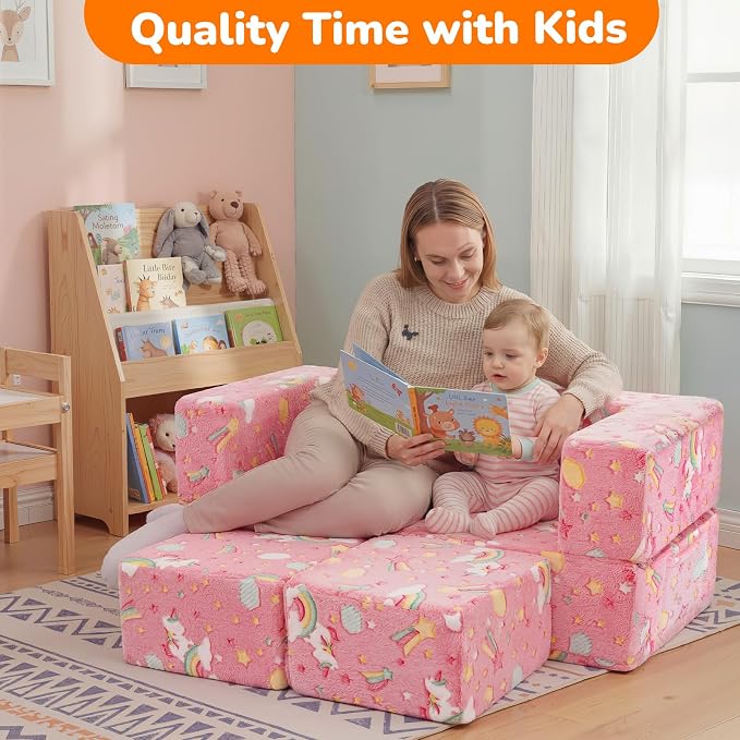 MeMoreCool Colorful Unicorn Glow-in-the-Dark Kids Play Couch, Modular Toddler Couch that Folds Out to Bed, Convertible Foam Loveseat for Girls Bedroom and Playroom