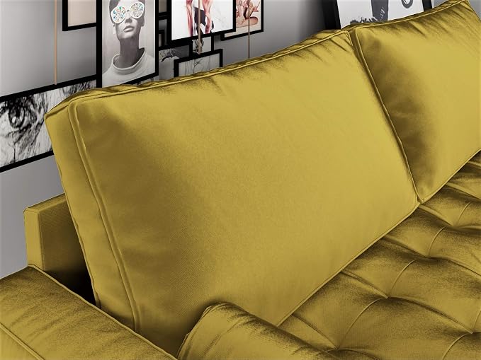 Container Furniture Direct Womble 58 Inch Velvet Loveseat Sofa with Elegant Button Tufted Upholstery, Square Arms, Splayed Wood Legs, Includes Matching Bolster Pillows, Dijon