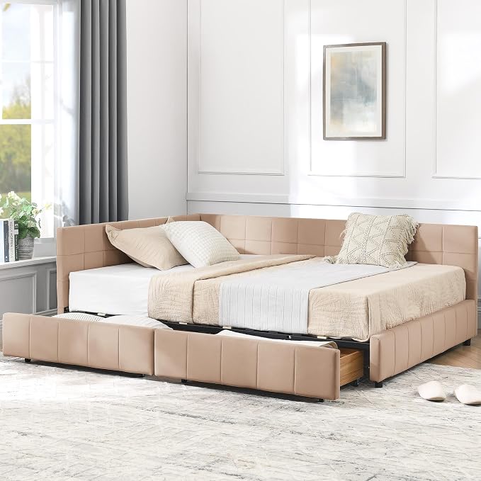 Bellemave Full Size Corner Bed Frame with Storage Drawers, Comfortable Backrest and Armrests, Velvet Tufted Corner Bed Frame Full Size, Upholstered Daybed for Bedroom, Living Room, Guest Room, Pink