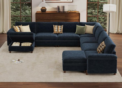 SITJOY Large Cloud Couch, 138" Wide 7 Seater V Shape, Chenille in Navy Blue | Detachable and Washable Chenille Cover Sectional Sofas for Living Room, Deep Seat Wide Couch with Chaise, Storage Ottoman