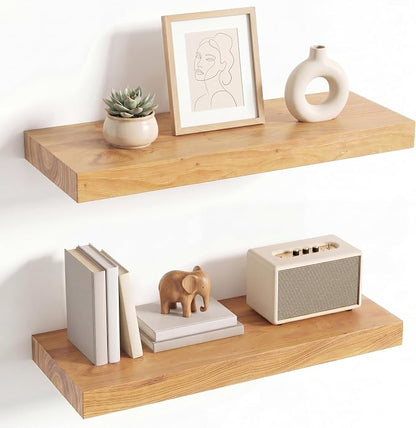 Venusmiles Elm Floating Shelves for Wall Decor, Rustic Solid Wood Shevles Wall Mounted with Invisible Bracket for Living Room Bathroom Bedroom Kitchen, 22.5 Inch Set of 2, Natural