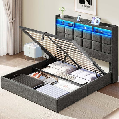 Driftalia Lift Up Full Size Bed Frame with Storage, Upholstered Full Bed Frame with LED Lights Headboard and Charging Station, No Box Spring Needed, Easy Assembly - Dark Grey