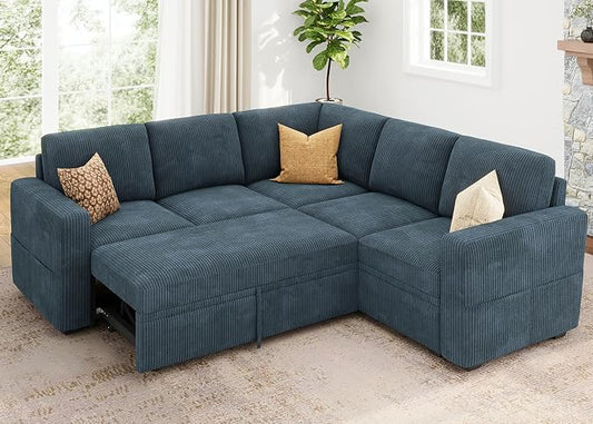 HONBAY Modular Sectional Sleeper Couch with Pull Out Bed, Corduroy L Shaped Sofa with Storage, Convertible Sectional Couches for Living Room, Blue