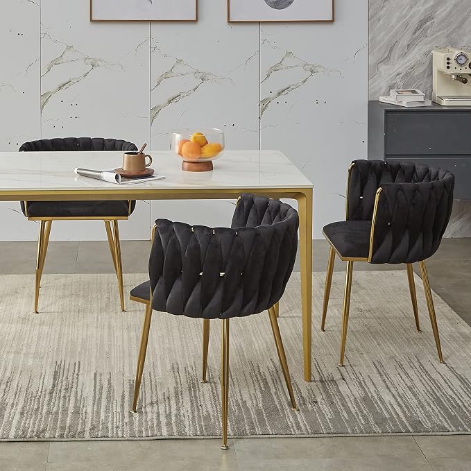 Black Velvet Dining Chairs Set of 4, Upholstered Dining Chairs with Golden Metal Legs, Modern Woven Dining Chair for Dining Room, Kitchen, Vanity, Living Room