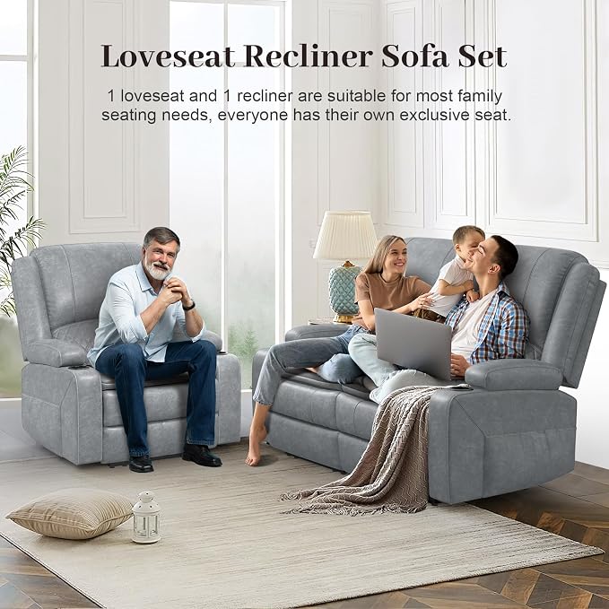 Yolsali Loveseat Recliner Sofa Set with 2-Tier Cushion, 2+1 Pieces in Living Room, 2 Seater Reclining Loveseat Leather with Removable Console, 1 Oversize Recliner Chair Sofa Seat - Gray PU