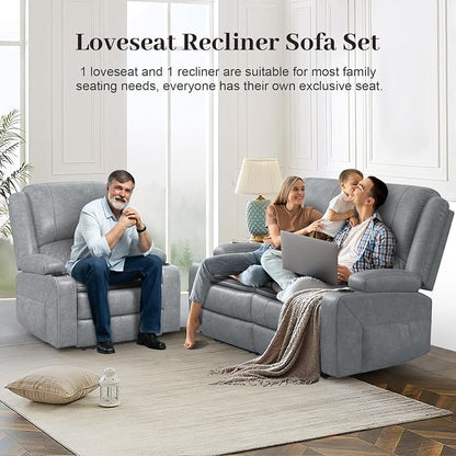 Yolsali Loveseat Recliner Sofa Set with 2-Tier Cushion, 2+1 Pieces in Living Room, 2 Seater Reclining Loveseat Leather with Removable Console, 1 Oversize Recliner Chair Sofa Seat - Gray PU