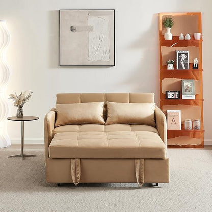 55.5" Velvet Convertible Sofa Bed, Pull Out Sleeper Sofa Bed, Loveseat Couch with USB Charging Ports, 3 in 1 Convertible Sleeper Sofa Bed for Living Room, Apartment, Bedroom, RV, Khaki