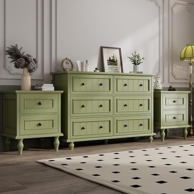 Antique Bedroom Set, 6 Drawer Dresser with Nightstands Set of 2 (Green) | Vintage Style, Paint, with Drawers, Large Storage