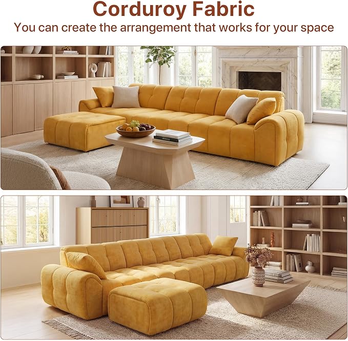 Claiks 118" Modern Boneless Couch, Corduroy Modular Cloud Sofa for Living Room, Deep Seat Sectional with Movable Ottoman, No Assembly Required, Yellow