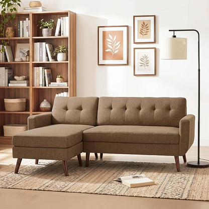Tbfit L Shaped Couch Sofa, 80" W Mid-Century Modern Sectional Couches, 3 Seater Sofas with Wide Chaise Lounge, Button Tufted Upholstered Sectional Sofa for Living Room, Bedroom, Brown