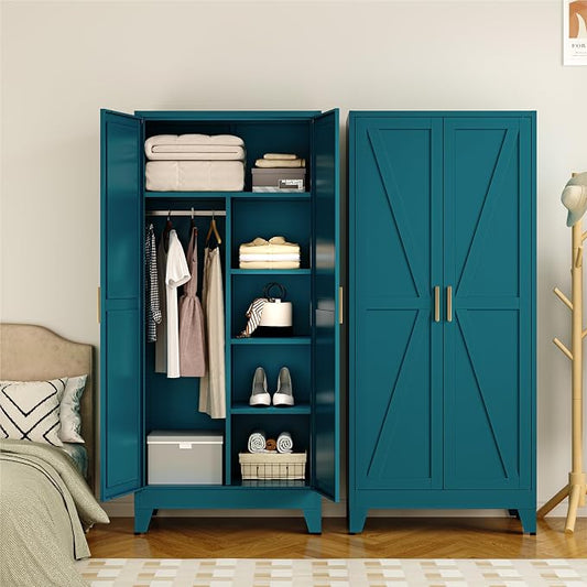 COFaR Metal Armoire Wardrobe Closet with Doors and Shelves & Hanging Rod, 71" Tall Freestanding Wardrobe Storage Cabinet, Bedroom Armoires,Steel Wardrobe Cabinet for Cloak Room,Laundry Room,Gym,Green