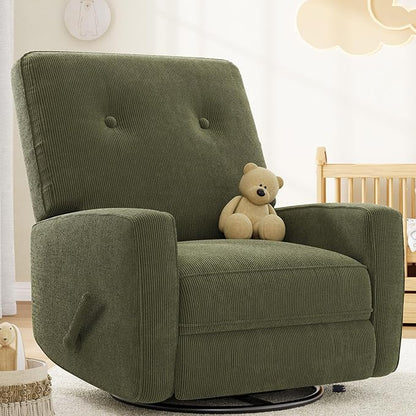 IDEALHOUSE Recliner Chair, 360° Swivel Rocking Glider Chair for Adults with Adjustable Backrest & Footrest, Cozy Corduroy Upholstered Armchair for Living Rooms, Bedrooms, Apartments, Green