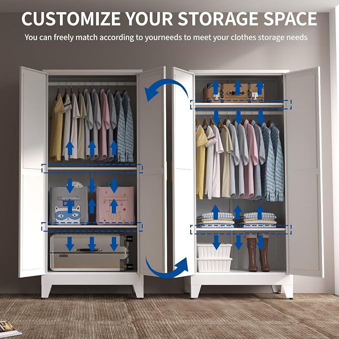 71" Heavy Duty Steel Armoire Wardrobe Closet, White Metal Clothing Storage Cabinet with 2 Magnetic Doors & Adjustable Shelves, Waterproof Hanging Rod Cabinet for Bedroom Gym Laundry Room