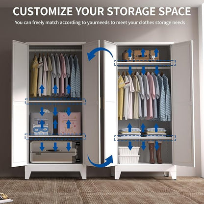 71" Heavy Duty Steel Armoire Wardrobe Closet, White Metal Clothing Storage Cabinet with 2 Magnetic Doors & Adjustable Shelves, Waterproof Hanging Rod Cabinet for Bedroom Gym Laundry Room