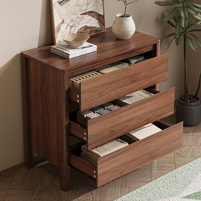 MAISONARIA Walnut 3-Piece Dresser Bedroom Set, 9 Drawers Dresser & 3 Drawer Nightstands with Hidden Handles, Wood Chest of Drawers for Bedroom, Living Room, Entryway