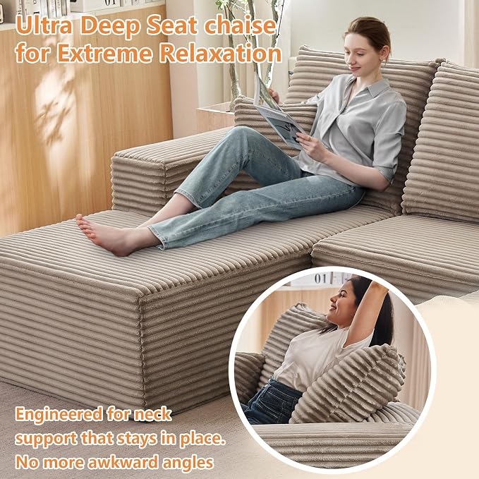 96" Modular Sectional Sofa, Modern Corduroy Cloud Couch with Deep Seat, Boneless Couch Upholstered 3-Seater L-Shaped Sofa for Living Room, No Assembly Required (Camel, Left-Facing Chaise)